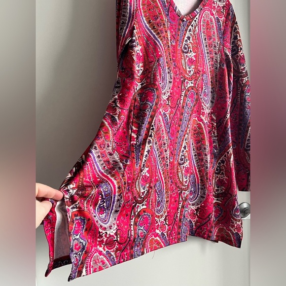 Women's long sleeve top, long tunic v-neck, pockets, red, purple, grey, pink - Picture 3 of 13